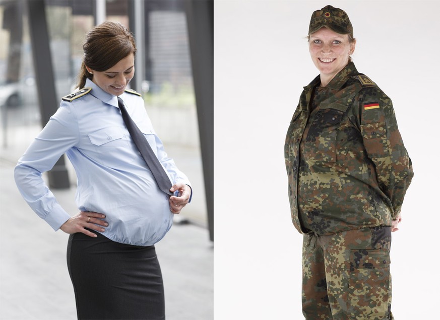 ARCHIV - HANDOUT - 10.05.2017, Berlin: In einer gestellten Szene trägt eine Soldatin Umstandsmode. (zu dpa &quot;Bundeswehr will Uniformen für Schwangere flächendeckend einführen&quot; vom 02.04.2018) ...