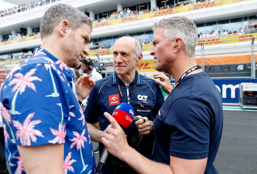 Peter Hardenacke DEU, sky , Franz Tost AUT, Scuderia AlphaTauri, Ralf Schumacher DEU, F1 Grand Prix of Miami at Miami International Autodrome on May 7, 2023 in Miami, United States of America. Photo b ...