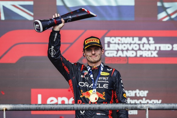 VERSTAPPEN Max ned, Red Bull Racing RB19, portrait podium during the 2023 Formula 1 Lenovo United States Grand Prix, 18th round of the 2023 Formula One World Championship, WM, Weltmeisterschaft from O ...