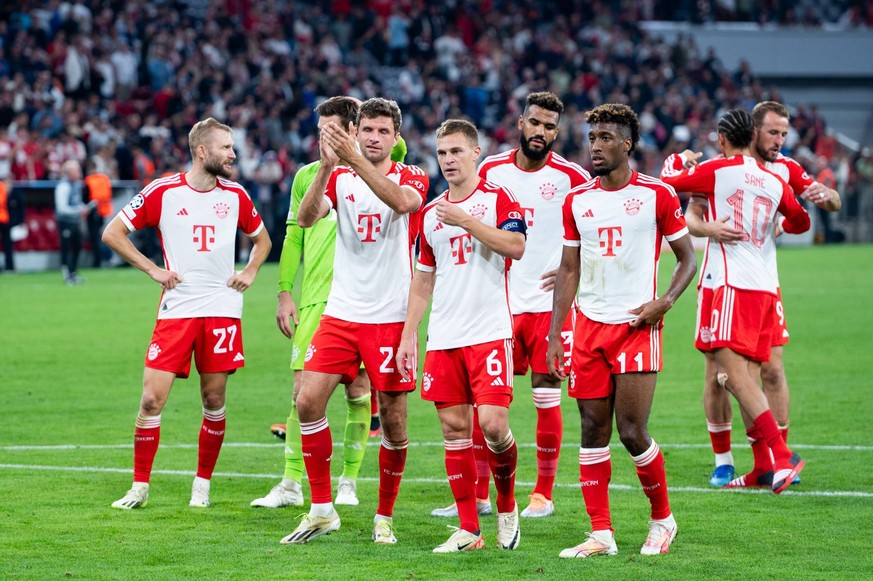 MONACHIUM 20.09.2023 MECZ FAZA GRUPOWA UEFA LIGA MISTRZOW 2023/2024 --- GROUP STAGE UEFA CHAMPIONS LEAGUE MATCH: BAYERN MUNICH - Manchester United, ManU Konrad Laimer , Thomas Muller , Joshua Kimmich  ...