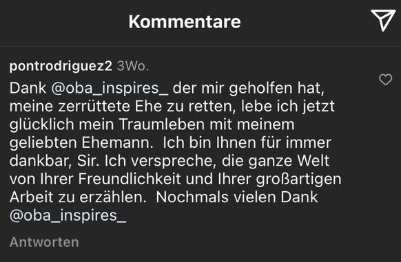 Instagram-Kommentar eines vermeintlichen Bots, der sich für die Dienste eines sogenannten Liebes-Zauberers ausspricht. Mithilfe eines Fake-Accounts wollten wir herausfinden, was hinter dem neuen Insta ...