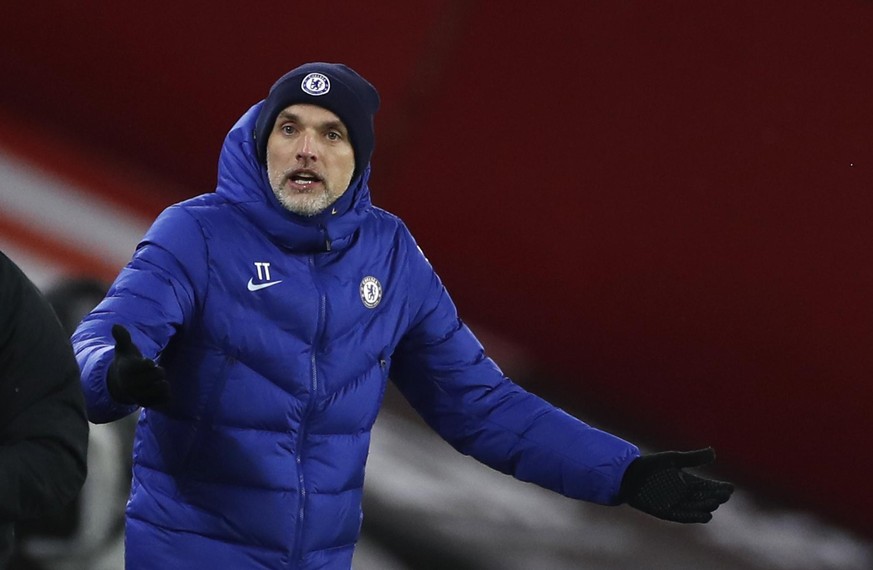 Chelsea's head coach Thomas Tuchel reacts during the English Premier League soccer match between Sheffield United and Chelsea at Bramall Lane stadium in Sheffield, England, Sunday, Feb. 7, 2021. (Lee  ...