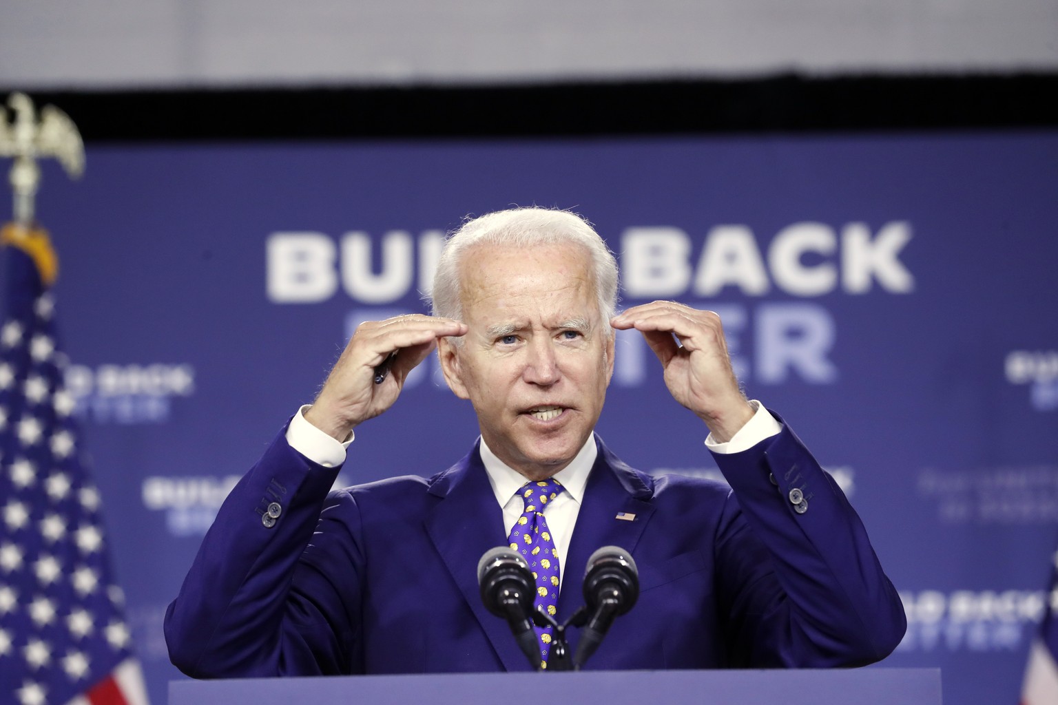 Democratic presidential candidate former Vice President Joe Biden speaks at a campaign event at the William &quot;Hicks&quot; Anderson Community Center in Wilmington, Del., Tuesday, July 28, 2020. (AP ...