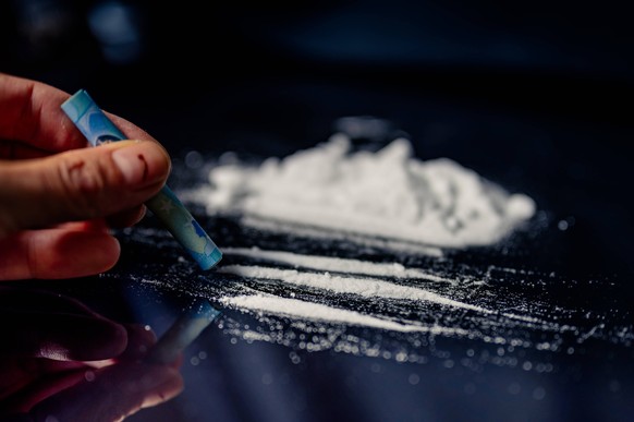 Alkaloid Substance Cocaine Illustration Alkaloid substance as cocaine white powder lines with Euro notes is seen in this photo illustration. On 9 August 2023 in Brussels, Belgium. Photo illustration b ...