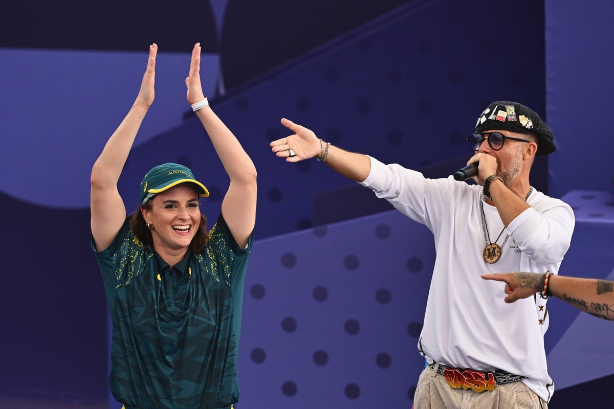 OLY24 BREAKING, Australian breaker Rachael Gunn, also known as Raygun, reacts after being eliminated from the B-Girls Round Robin breaking competition at La Concorde Urban Park in Paris, as part of th ...