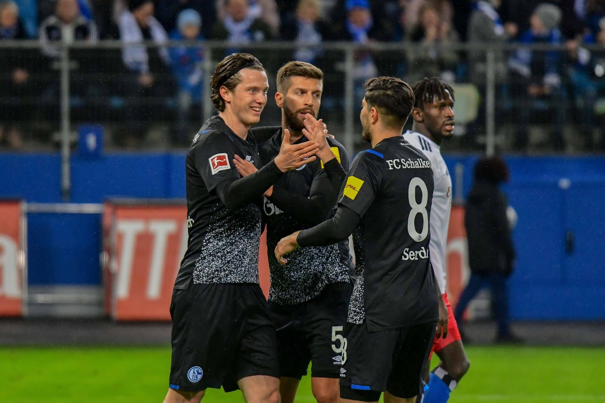 HSV 11 Michael Gregoritsch bejubelt sein Tor mit Matija Nastasic Suat Serdar Schalke Deutschland , Hamburg , Volksparkstadion , 1. 2. Fussball Bundesliga , Test , Hamburger SV - FC Schalke 04 , *** HS ...