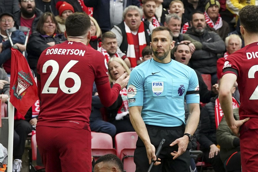 Liverpool&#039;s Andrew Robertson appeals to assistant referee Constantine Hatzidakis during the Premier League match between Liverpool and Arsenal at Anfield, Liverpool, Britain, Sunday April 9, 2023 ...