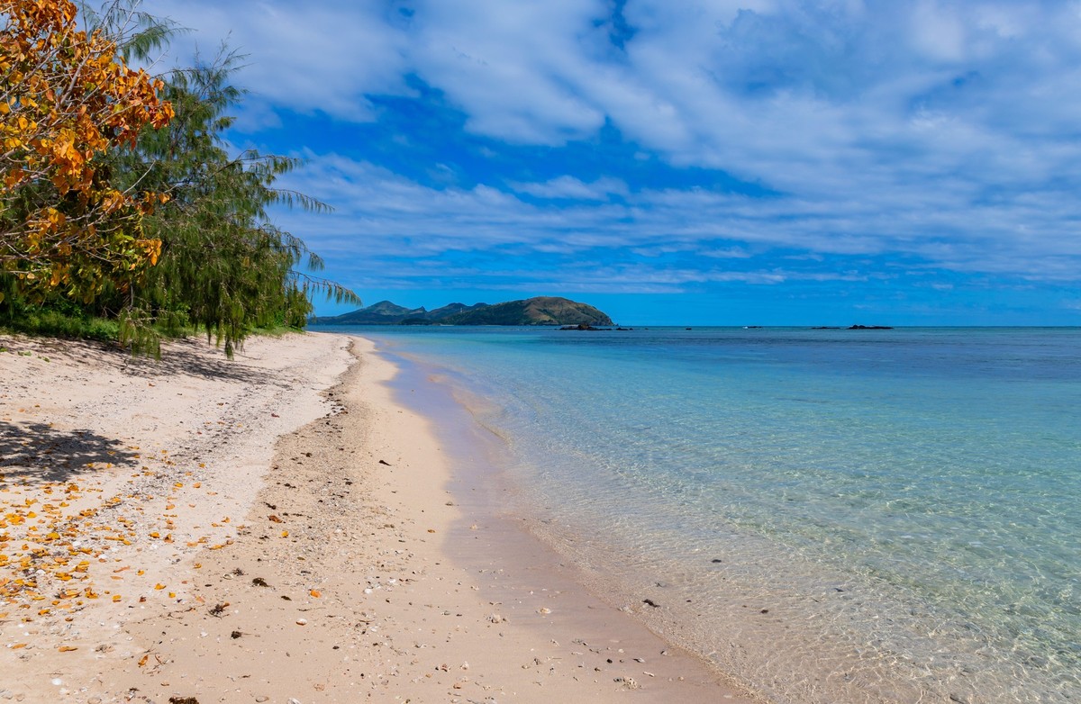 View of Blue Lagoon beach, View of Blue Lagoon beach in Nacula Island, Yasawa Islands, Fiji, View of Blue Lagoon beach in Nacula Island, Yasawa Islands, Fiji, 21.12.2023, Copyright: xruivalesousax Pan ...