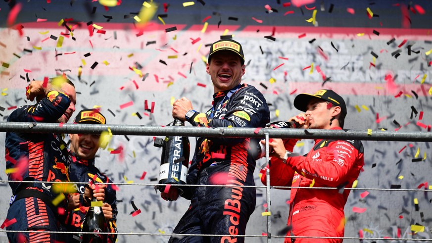 F1 Grand Prix of Belgium Max Verstappen of Red Bull Racing Honda celebrate victory during race of Belgian GP, 13th round of FIA Formula 1 World Championship, WM, Weltmeisterschaft in Spa-Francorchamps ...