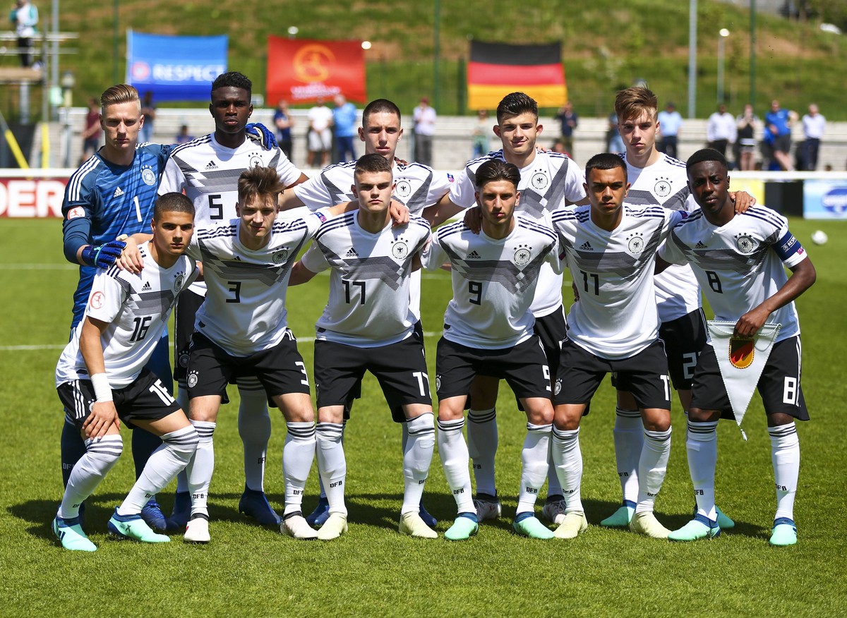 8th May, Loughborough University Stadium, Loughborough, England; UEFA Under 17 European Championships, Serbia versus Germany; Germany starting line up Back row Left to Right Luca Unbehaun Kevin Vangu ...