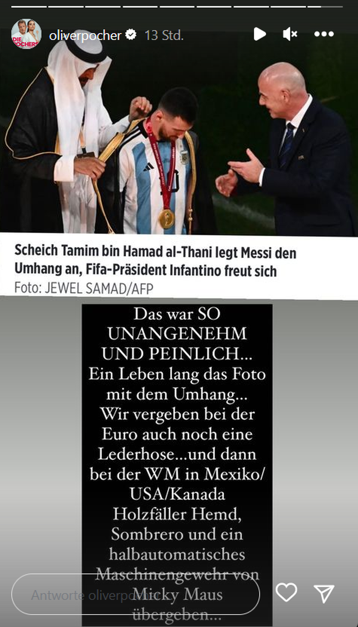 Oliver Pocher empörte sich über den die Ehrung von Lionel Messi bei der WM 2022.
