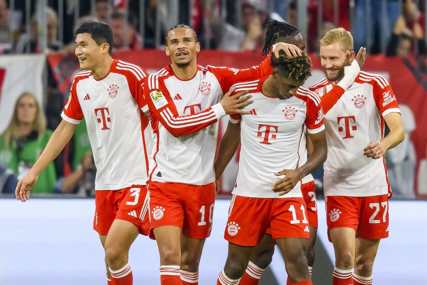 GER, DFB, FC Bayern Muenchen vs. SC Freiburg / 08.10.2023, Allianz Arena, Muenchen, GER, DFB, FC Bayern Muenchen vs. SC Freiburg, im Bild Jubel nach dem Tor zum 3-0 durch Kingsley Coman FC Bayern 11 m ...