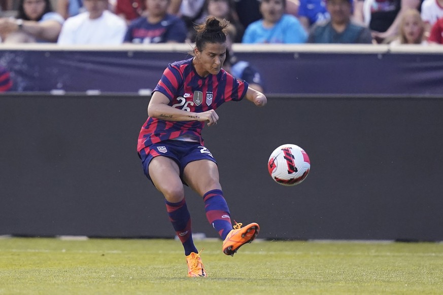 FILE - U.S. defender Carson Pickett plays against Colombia during the first half of an international friendly soccer match Tuesday, June 28, 2022, in Sandy, Utah. There was a time earlier in her socce ...