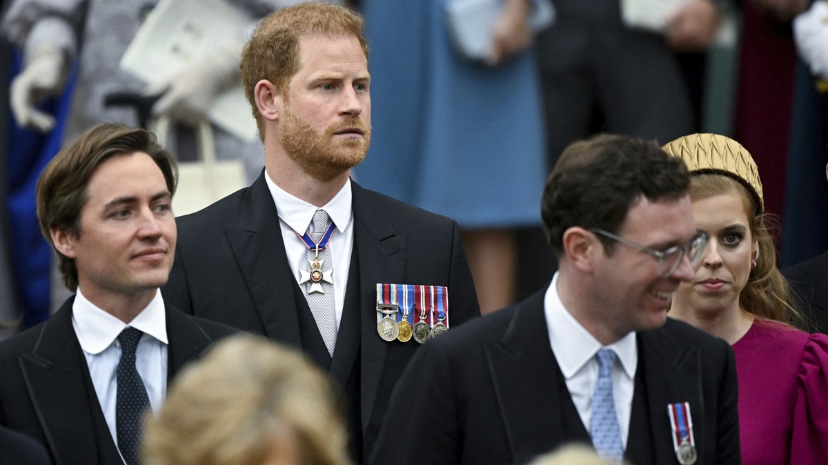 From left, Edoardo Mapelli Mozzi, Prince Harry Duke of Sussex, Jack Brooksbank and Princess Beatrice depart Westminster Abbey, London, following the Coronation of King Charles III and Queen Camilla, S ...