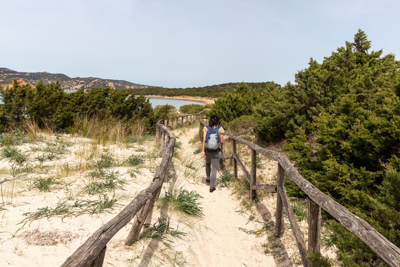 RECORD DATE NOT STATED Woman hiking over wooden bridge over sand dunes at Cala Mesquida, Mallorca, Spain *** Frau Wandern trueber h