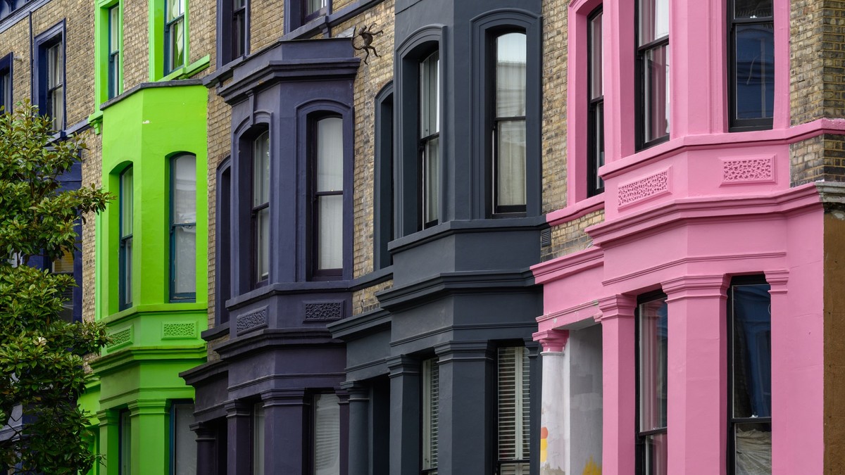 Colourful houses in Notting Hill, London, Row of Colourful houses in Notting Hill, London