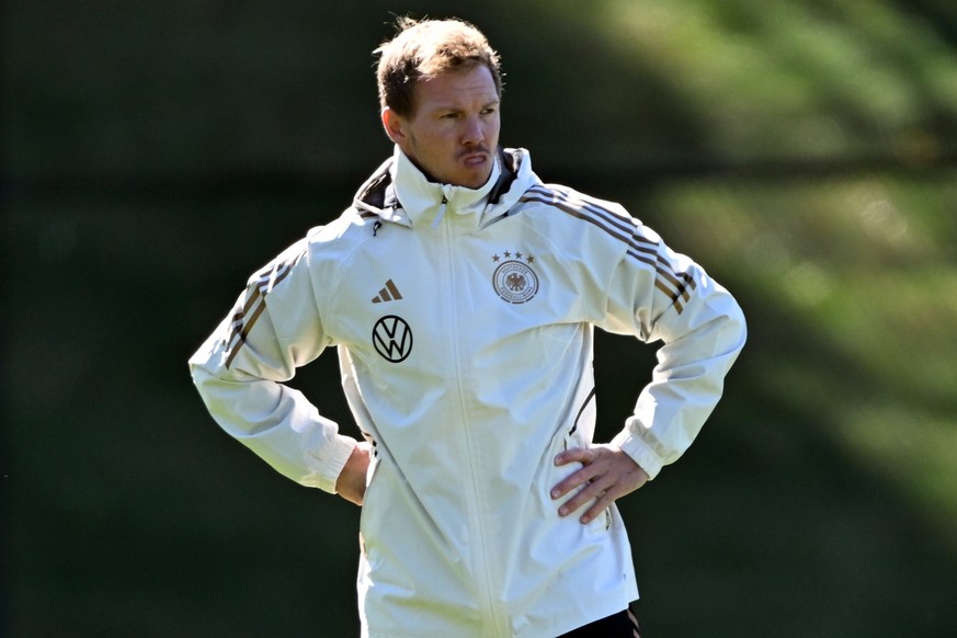 13.10.2023, USA, Foxborough: Fußball: Nationalmannschaft, vor dem Länderspiel gegen die USA Abschlusstraining Deutschland. Deutschlands Bundestrainer Julian Nagelsmann während des Abschlusstrainings v ...