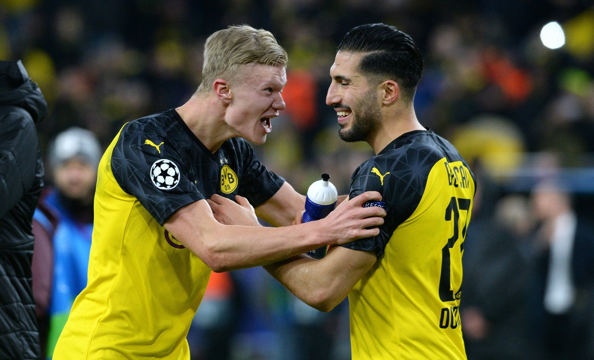 Fussball, UEFA Champions League, Herren, Saison 2019/2020, Achtelfinale Hinspiel, Signal Iduna Park Dortmund, Bor. Dortmund gelb - Paris St. Germain, PSG weiss 2:1 Schlussjubel Erling Haaland BVB, zus ...