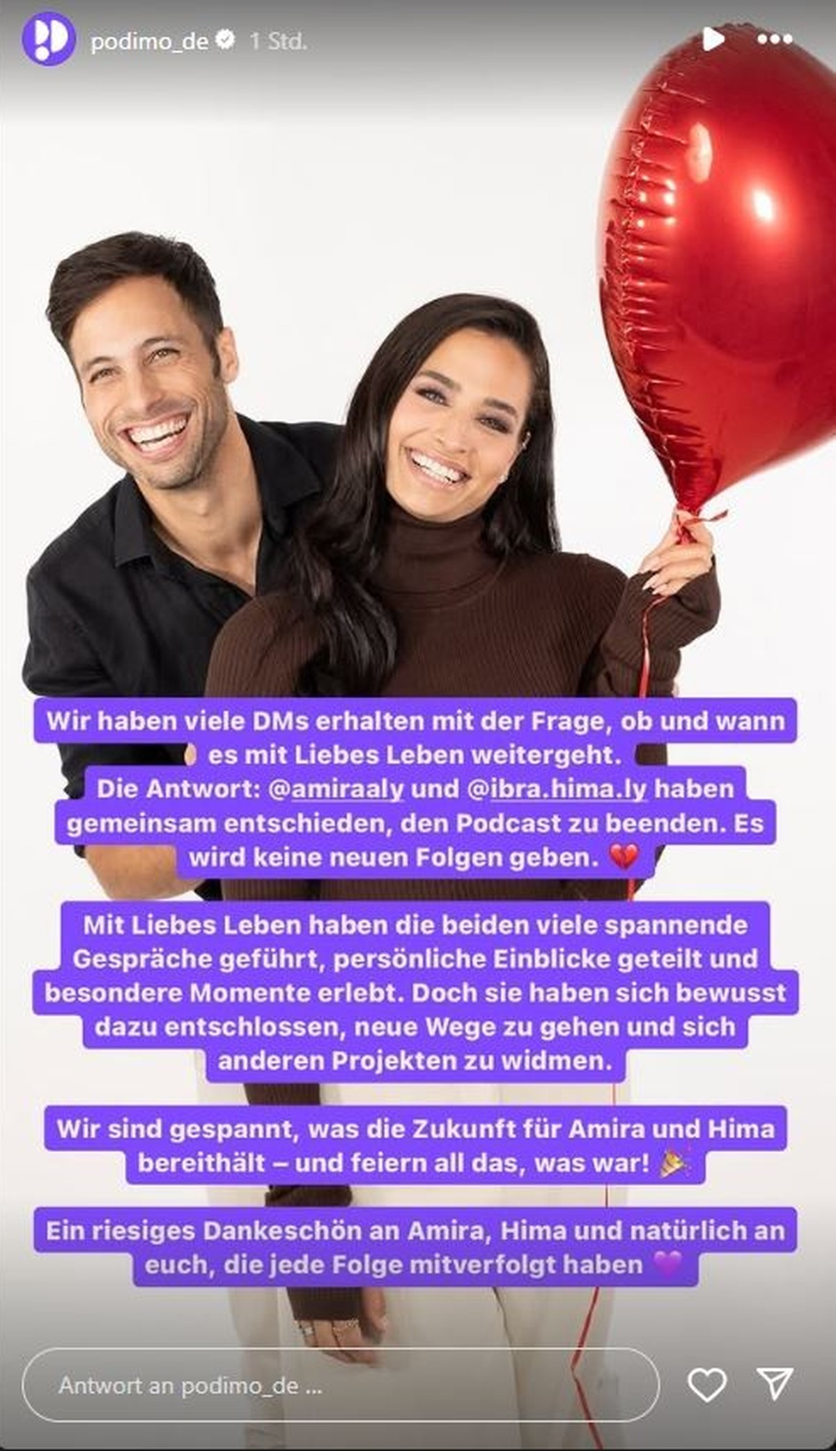 Dieses Statement veröffentlicht Podimo zum Podcast-Aus von Amira und Hima Aly.