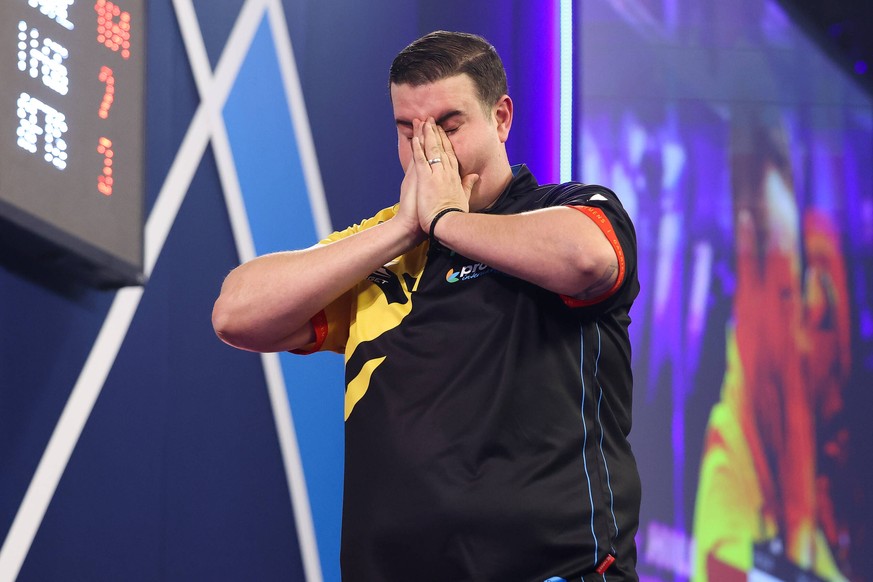 William Hill World Darts Championship 27/12/2020. Gabriel Clemens celebrates during the third round of the William Hill World Darts Championship at Alexandra Palace, London, United Kingdom on 27 Decem ...