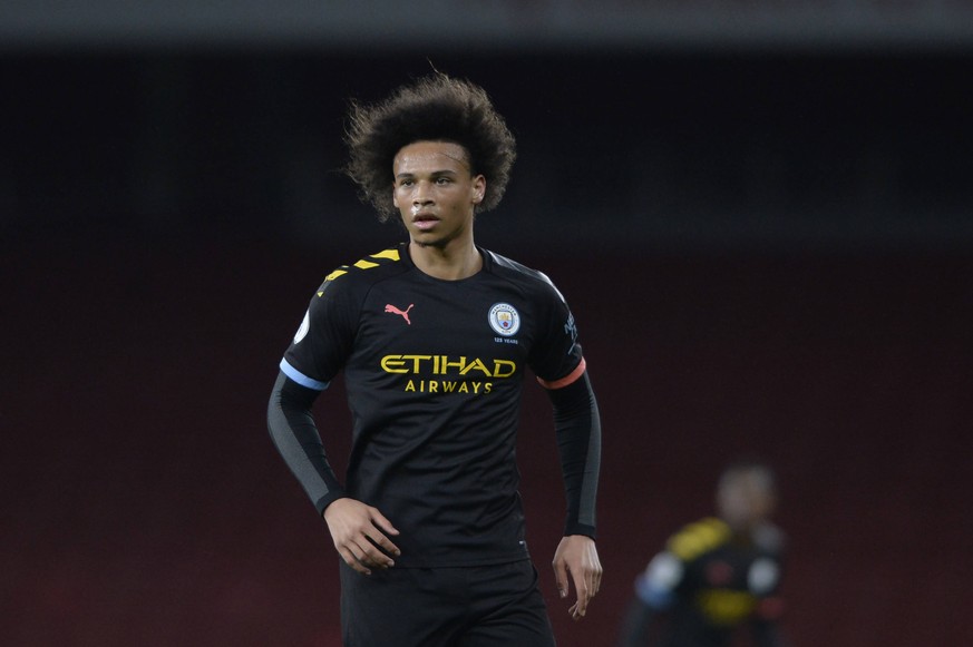Leroy Sane Manchester City under-23 in action during the Premier League 2 Division One match between Arsenal and Manchester City under-23 at the Emirates Stadium in London, UK - 28th February 2020 AFS ...