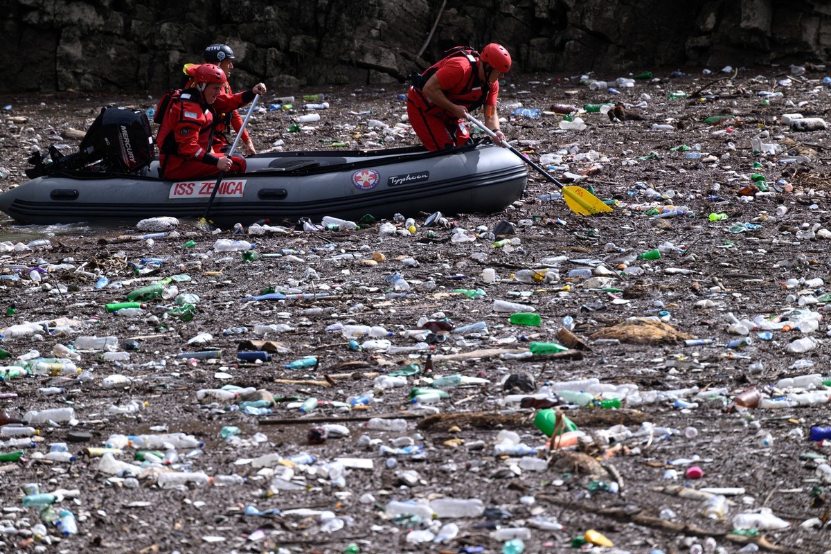 Jablanica, Bosnia and Herzegovina, 101024. Garbage in the canyon of the Neretva river near Grabovica dam, consequences and damage of recently landslides and flash floods in the area of Jablanica and t ...