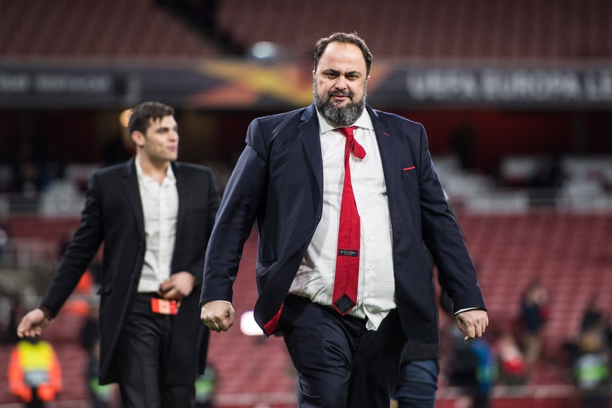 LONDON, ENGLAND - FEBRUARY 27: Evangelos Marinakis owner of Olympiacos FC looks on during the UEFA Europa League round of 32 second leg match between Arsenal FC and Olympiacos FC at Emirates Stadium o ...