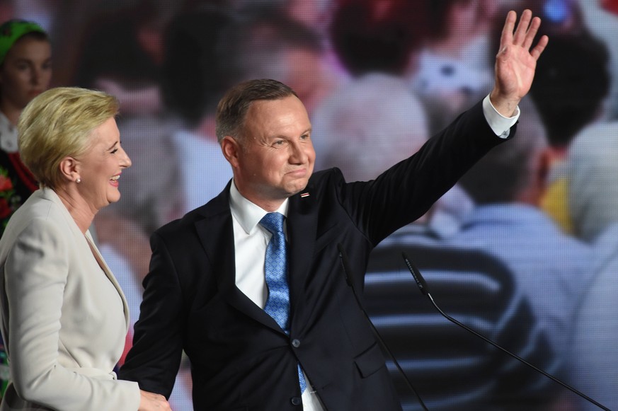 Presidential election 2020 in Poland. Andrzej Duda s electoral evening Presidential election 2020 in Poland. Andrzej Duda s electoral evening on June 28, 2020 in Lowicz, Poland. Andrzej Duda, Agata Ko ...