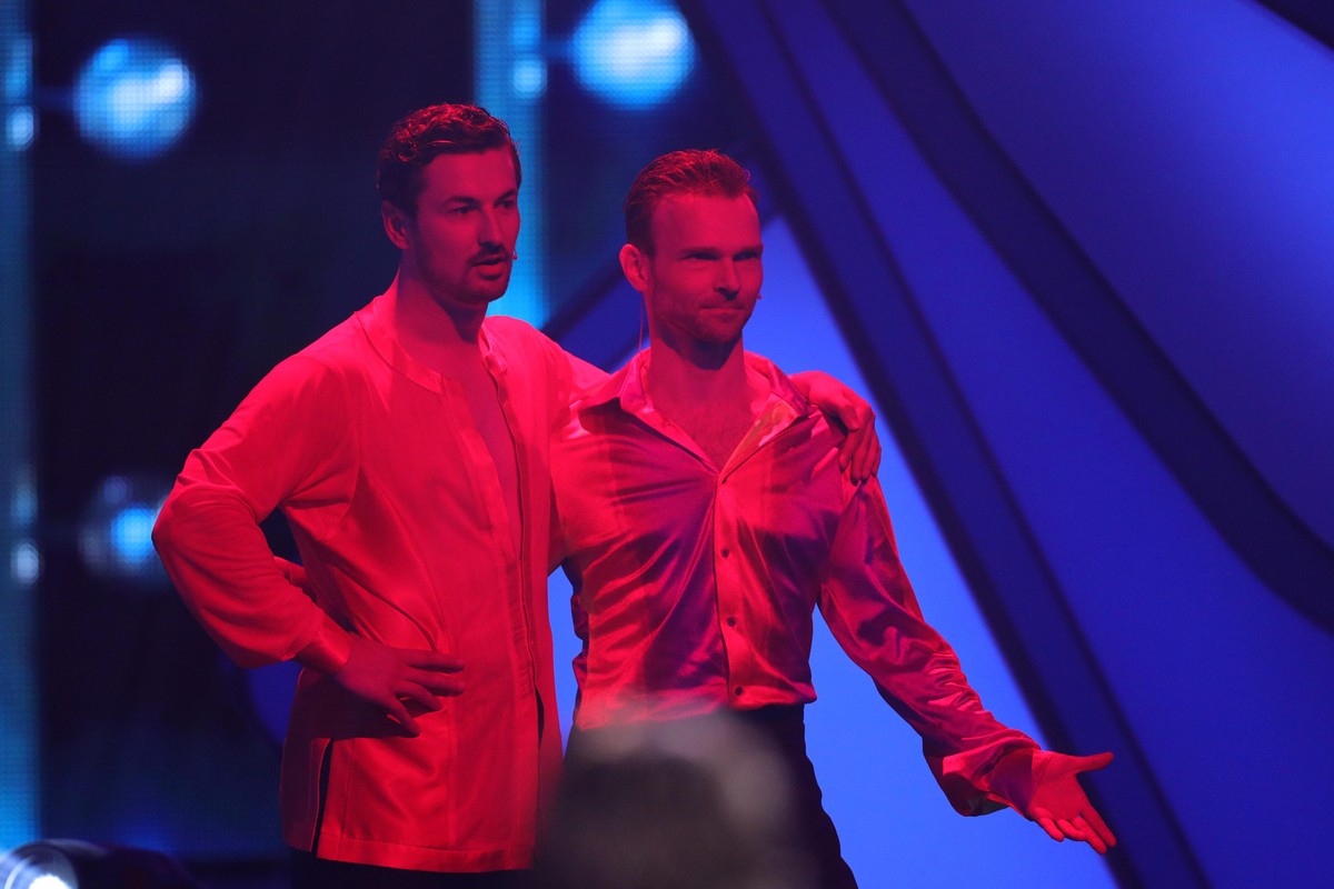 COLOGNE, GERMANY - APRIL 30: Nicolas Puschmann and Vadim Garbuzov react during the 8th show of the 14th season of the television competition "Let's Dance" on April 30, 2021 in Cologne, ...