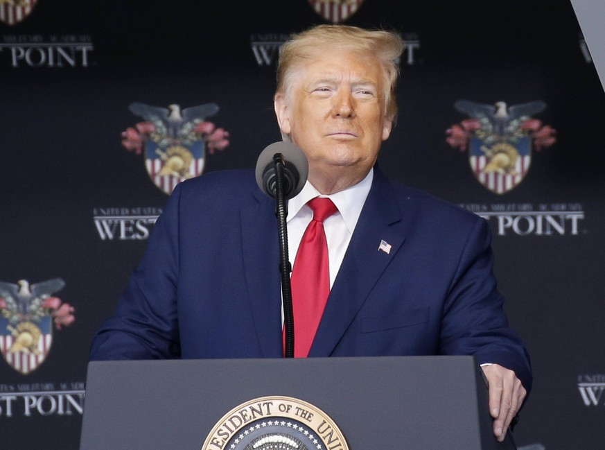 United States President Donald Trump speaks at the West Point graduation ceremony held at The Plain Parade Field at the United States Military Academy in West Point, New York on June 13, 2020. PUBLICA ...