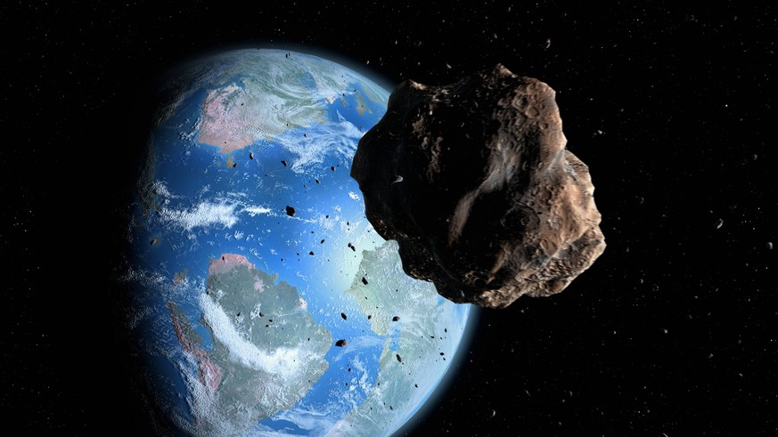 Asteroid approaching Earth, illustration Illustration of an asteroid approaching Earth during the Cretaceous period, poised to exterminate the dinosaurs. Near-Earth asteroids are a constant threat to  ...