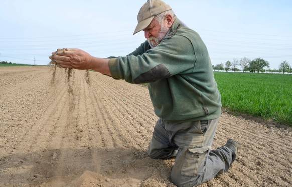 Dry soil trickles through the fingers of farmer Roland Hild as he demonstrates the dryness of his field in Poppenweiler near Ludwigsburg, southern Germany, on April 24, 2020. - Farmers fear harvest da ...