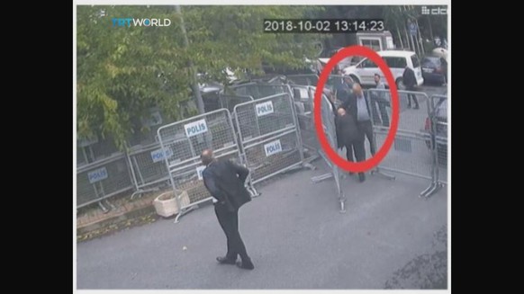 A still image taken from CCTV video and obtained by TRT World claims to show Saudi journalist Jamal Khashoggi, highlighted in a red circle by the source, as he arrives at Saudi Arabia&#039;s Consulate ...