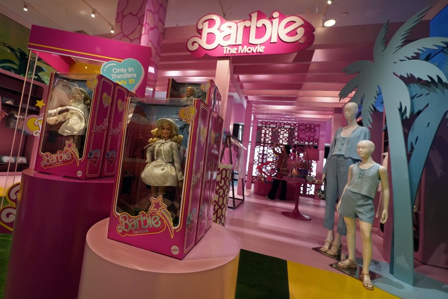 FILE - Barbie-themed merchandise is displayed in a special section at Bloomingdale&#039;s, in New York, Thursday, July 20, 2023. The &quot;Barbie&quot; movie, parent company Mattel, created a product  ...
