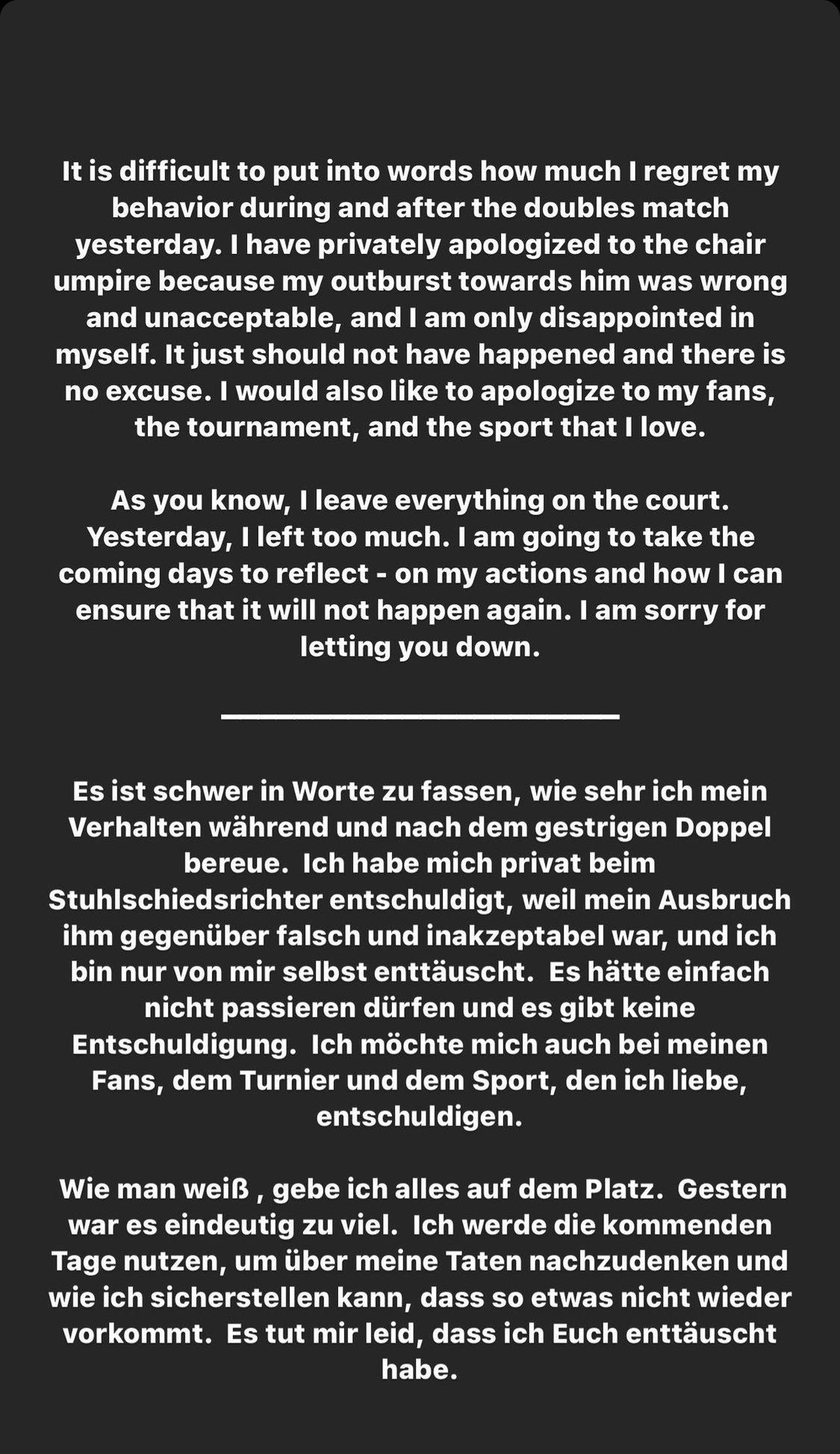 Die Entschuldigung von Tennis-Star Alexander Zverev auf Instagram
