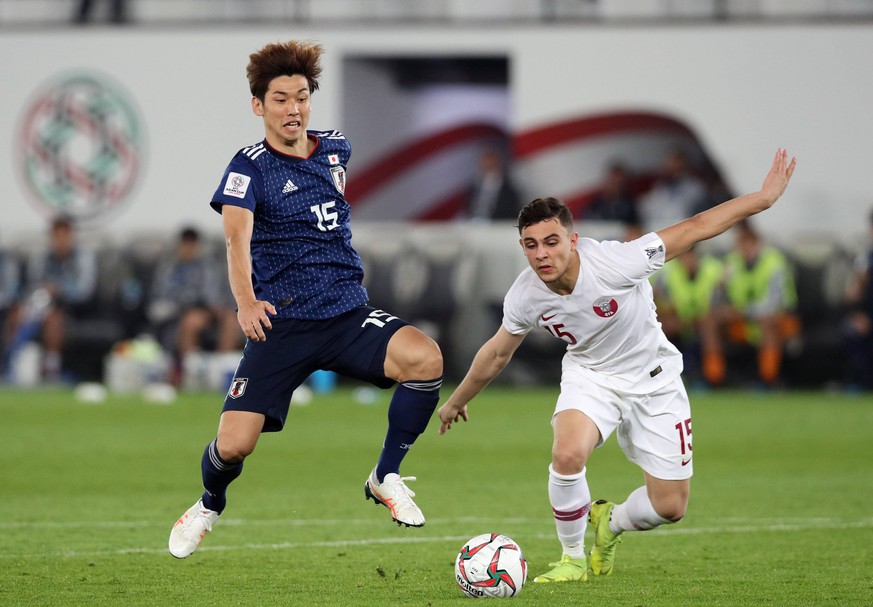 Yuya Osako (JPN), Bassam Alrawi (QAT), FEBRUARY 1, 2019 - Football / Soccer : AFC Asian Cup UAE 2019, Final match between Japan 1-3 Qatar at Zayed Sports City Stadium in Abu Dhabi, United Arab Emirate ...