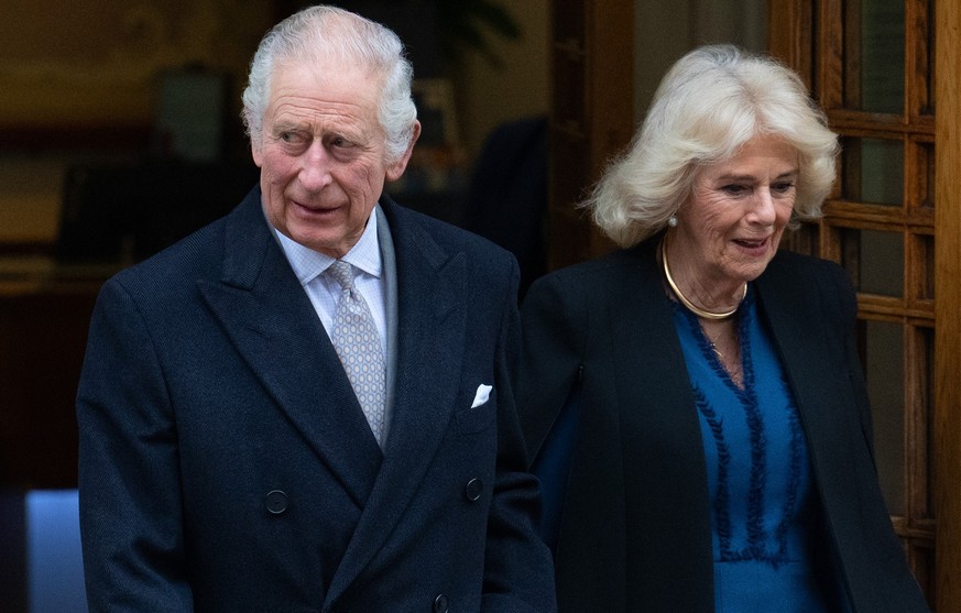 LONDON, ENGLAND - JANUARY 29: King Charles III departs with Queen Camilla after receiving treatment for an enlarged prostate at The London Clinic on January 29, 2024 in London, England. The King has b ...