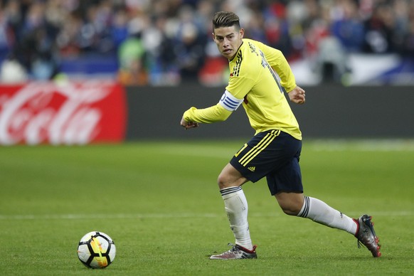 Colombia&#039;s James Rodriguez watches the ball during a friendly soccer match between France and Colombia, at the Stade de France stadium in Saint-Denis, outside Paris, France, Friday March 23, 2018 ...