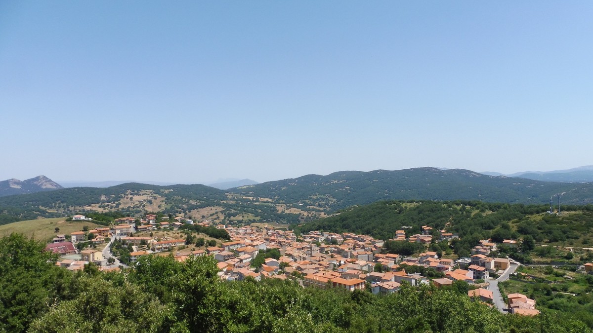 View from a hill on the Sardinian town of Ollollai, Taken from a viewpoint on a hill in Park San Basilio, this a view of the town of Ollolai in the Barbagia region on the Italian island Sardinia.
