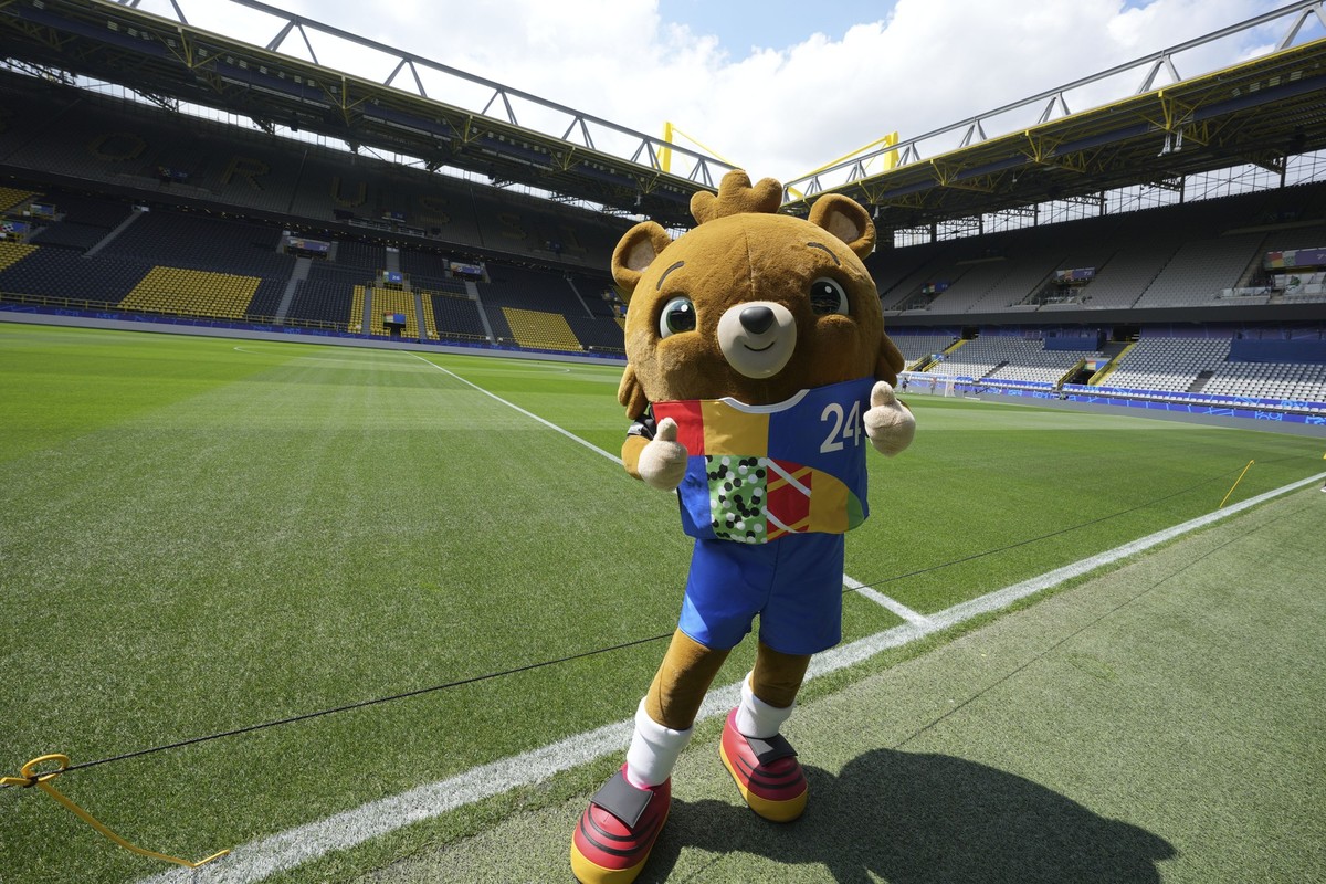 The Euro mascot &#039;Albärt&#039; poses for the media inside the stadium of German first division, Bundesliga, soccer team Borussia Dortmund in Dortmund, Germany, Tuesday, June 11, 2024 ahead of the  ...
