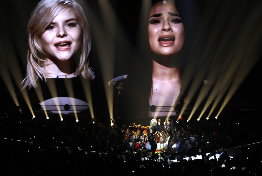Sisters of Germany perform the song &quot;Sister&quot; during the 2019 Eurovision Song Contest grand final in Tel Aviv, Israel, Saturday, May 18, 2019. (AP Photo/Sebastian Scheiner)