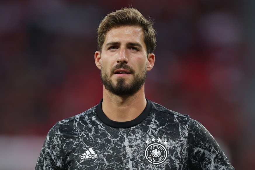 BUDAPEST, HUNGARY - JUNE 11: Kevin Trapp of Germany warms up prior to the UEFA Nations League League A Group 3 match between Hungary and Germany at Puskas Arena on June 11, 2022 in Budapest, Hungary.  ...