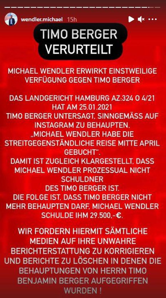 &quot;Timo Berger verurteilt&quot; jubelt Michael Wendler auf Instagram.