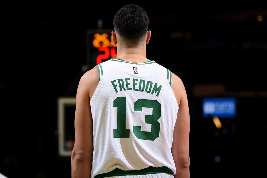 BOSTON, MA - DECEMBER 1: Enes Freedom #13 of the Boston Celtics looks on during the game against the Philadelphia 76ers on December 1, 2021 at the TD Garden in Boston, Massachusetts. NOTE TO USER: Use ...