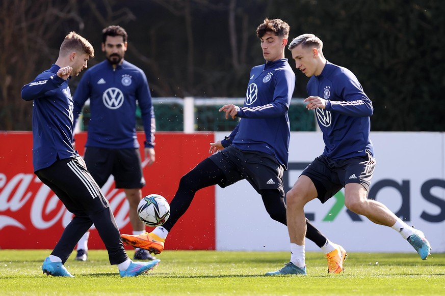 FRANKFURT AM MAIN, GERMANY - MARCH 24: Timo Werner, Ilkay Guendogan, Kai Havertz and Nico Schlotterbeck (L-R) attend a training session of Germany at the Eintracht Frankfurt training ground on March 2 ...