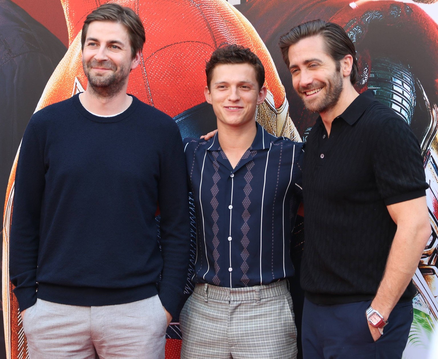 Auf Promo-Tour in China: Regisseur Jon Watts (l.), Tom Holland (M., als Peter Parker / Spider-Man) und Jake Gyllenhaal (als Quentin Beck / Mysterio)