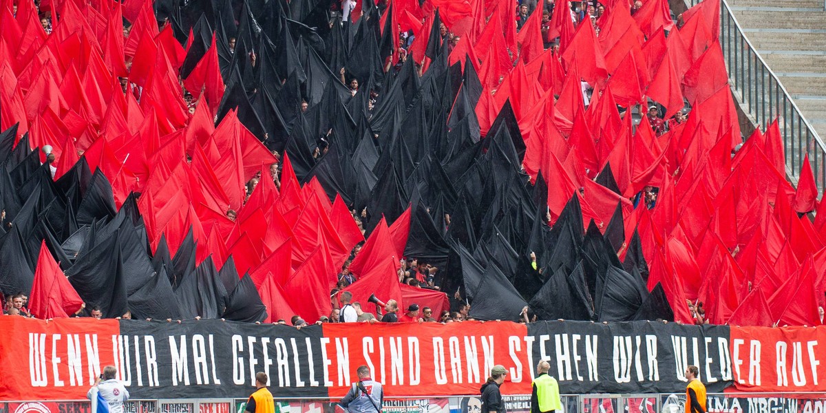 25.08.2018, xkvx, Fussball 1. Bundesliga, Hertha BSC Berlin - 1. FC Nuernberg emspor, v.l. FC Nuernberg Fans / Choreo / Choreografie (DFL/DFB REGULATIONS PROHIBIT ANY USE OF PHOTOGRAPHS as IMAGE SEQUE ...