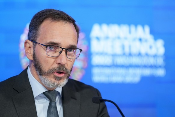 Pierre-Olivier Gourinchas, director of research at the International Monetary Fund, speaks at a news conference on the IMF&#039;s world economic outlook during the 2022 annual meeting of the IMF and t ...