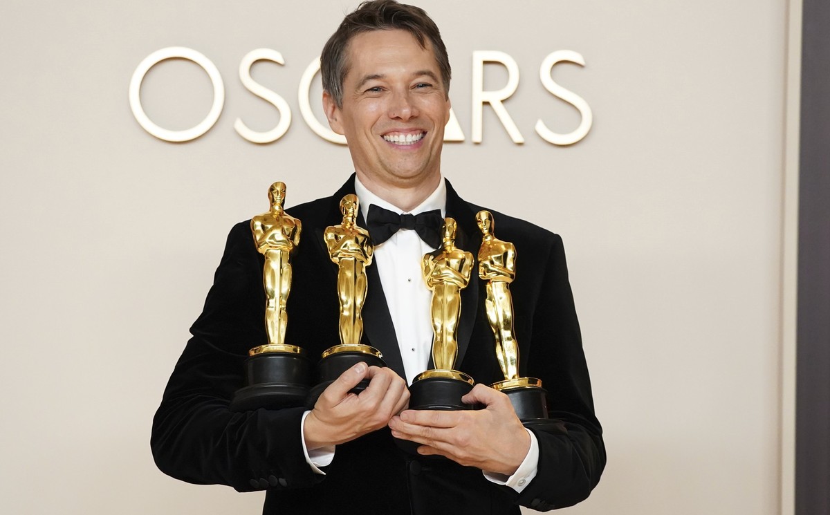 Sean Baker, winner of the awards for best original screenplay, best film editing, best director, and best picture for "Anora," poses in the press room at the Oscars on Sunday, March 2, 2025, ...