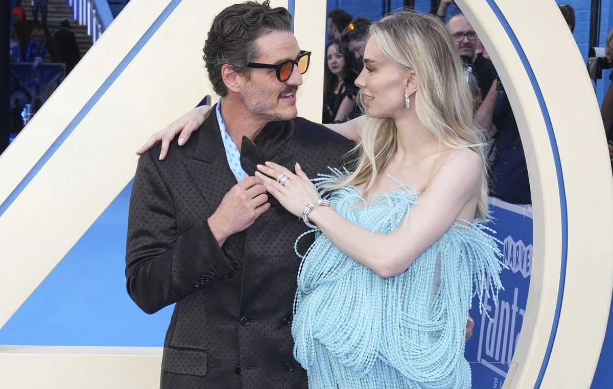 Pedro Pascal, left, and Vanessa Kirby pose for photographers upon arrival at the launch event of the film &#039;Fantastic Four First Steps&#039; on Thursday, July 10, 2025, in London. (Photo by Scott  ...